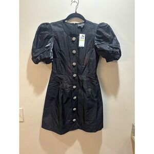 NWT Danielle Bernstein Black Rhinestone Button Puff Sleeve Mini Dress Party Sz 4